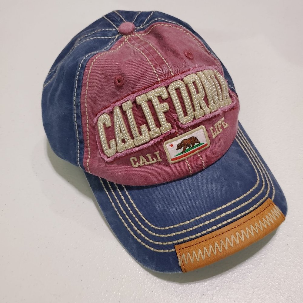 California Men Hat OSFA Blue Bayside Distressed Adjustable‎ Straps